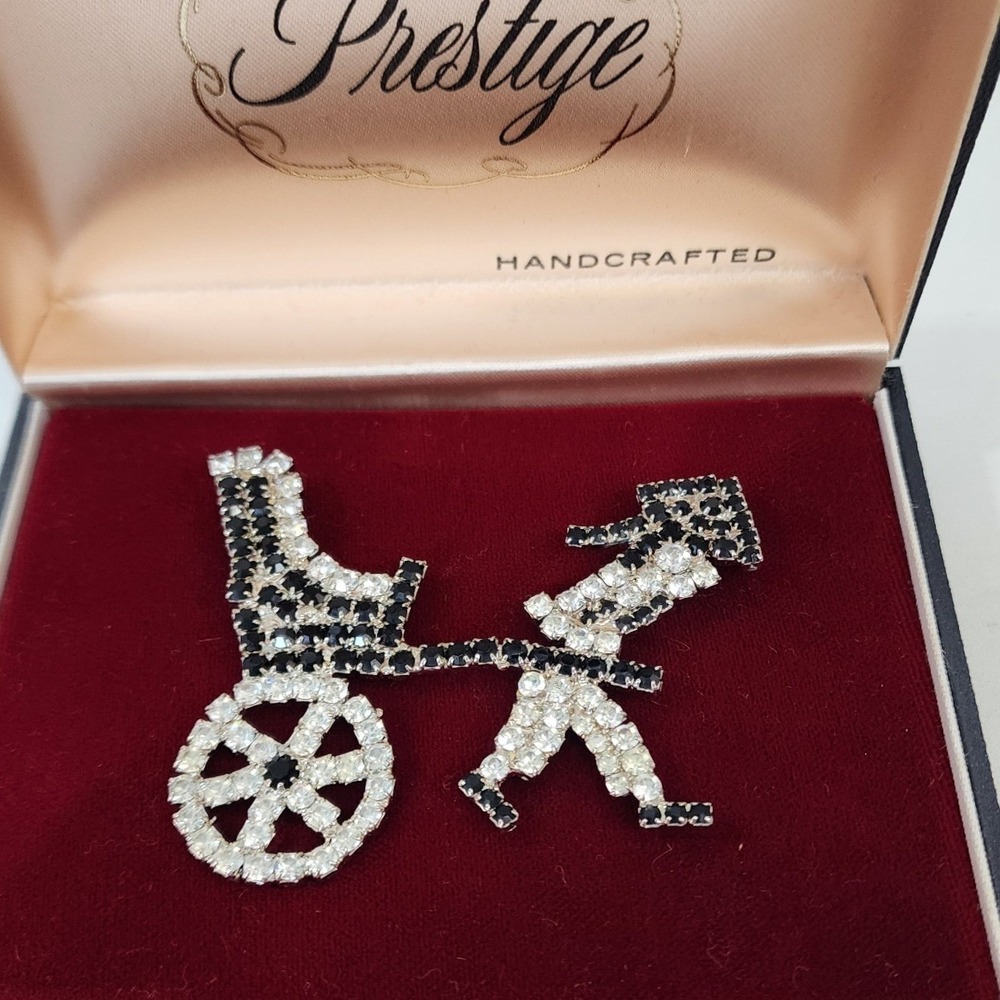 Prestige Handcrafted Rhinestone Figural‎ Man Pulling Cart Brooch Pin